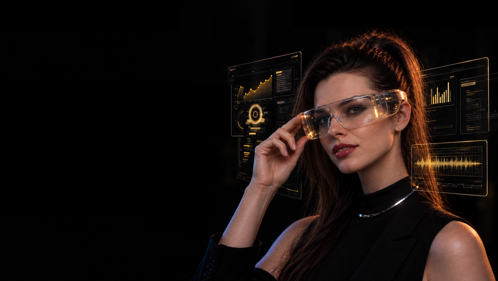 Katerina Litvina wearing transparent augmented-reality glasses surrounded by amber product dashboards