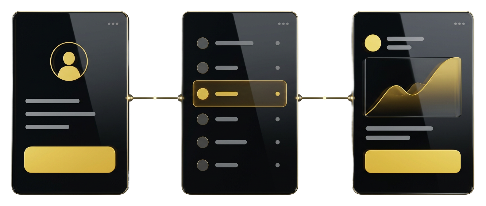 Three connected transparent product prototype screens with golden-yellow interface elements
