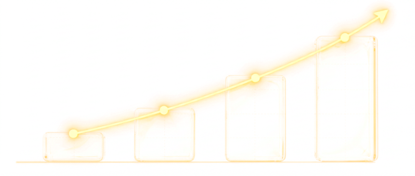 Four optical glass growth bars with a luminous golden upward arrow